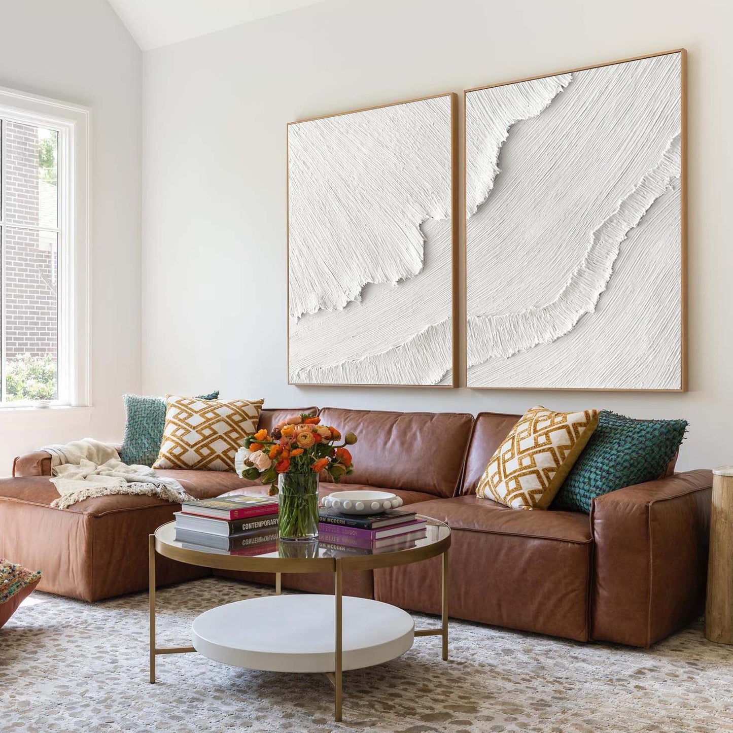 Minimalist White Textured Abstract Oil Paintings for Modern Home Decor Set of Two