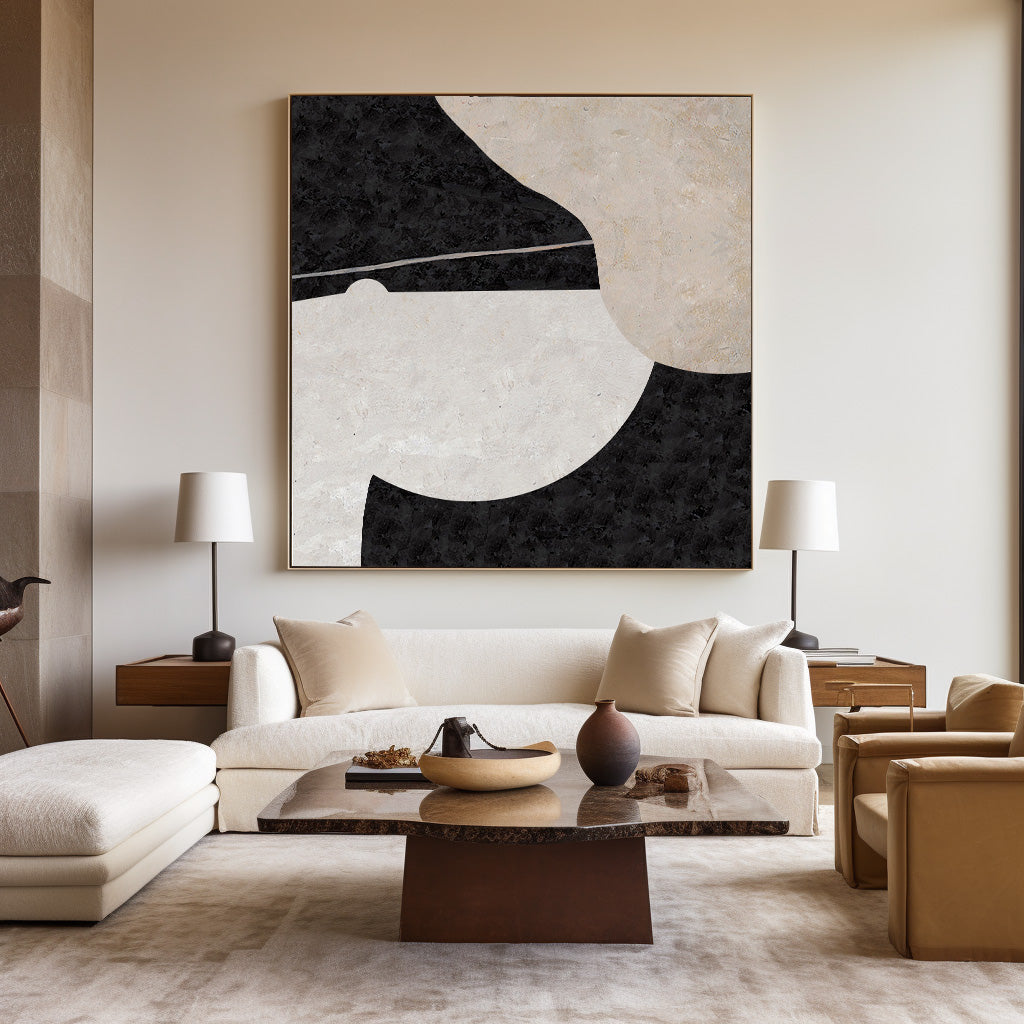 Large Minimalist Black and White Oil Painting for Modern Home Decor