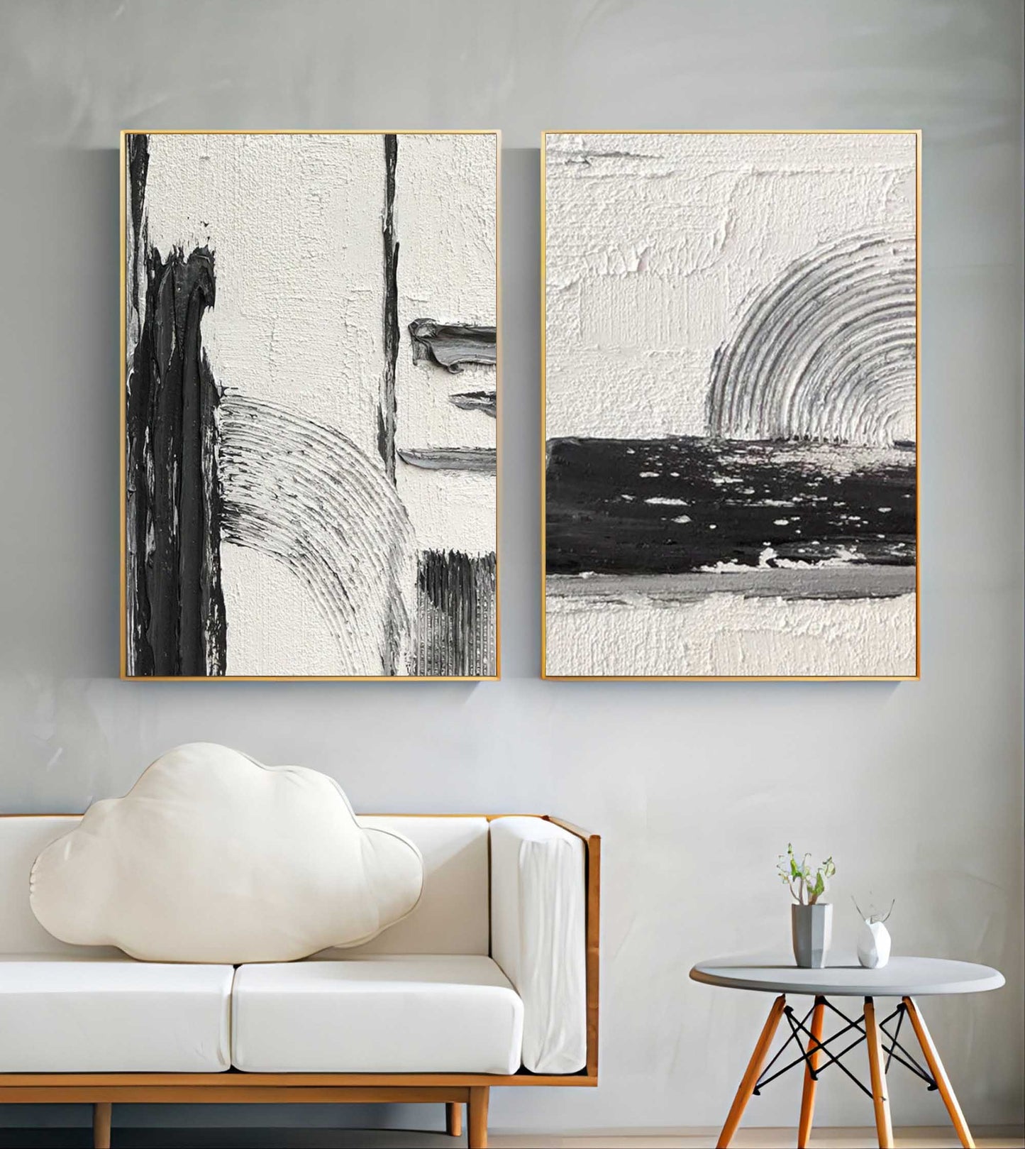 Contemporary Black and White Abstract Oil Painting Duo for Modern Interiors