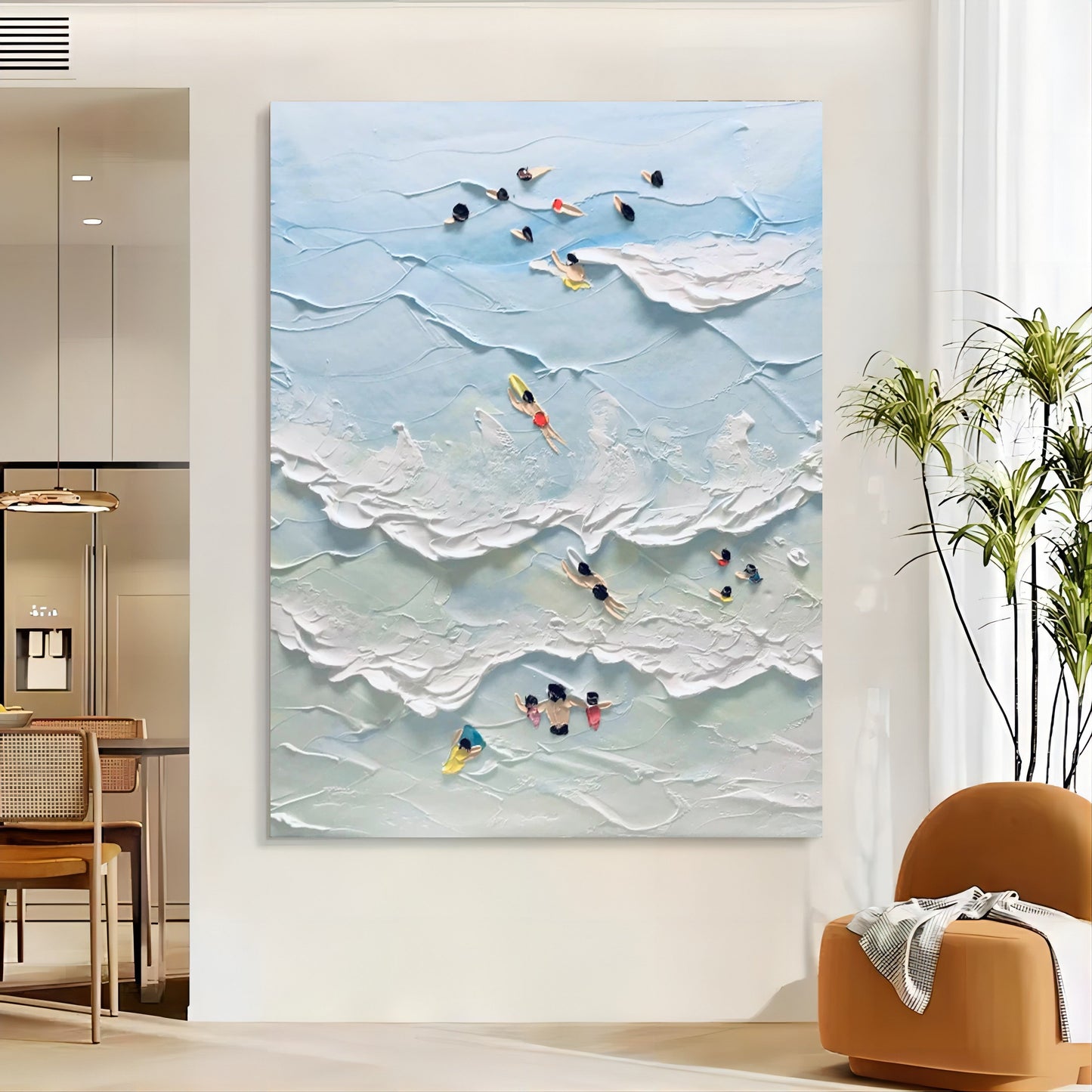 Abstract Coastal Scene with Swimmers - Textured Oil Painting Art