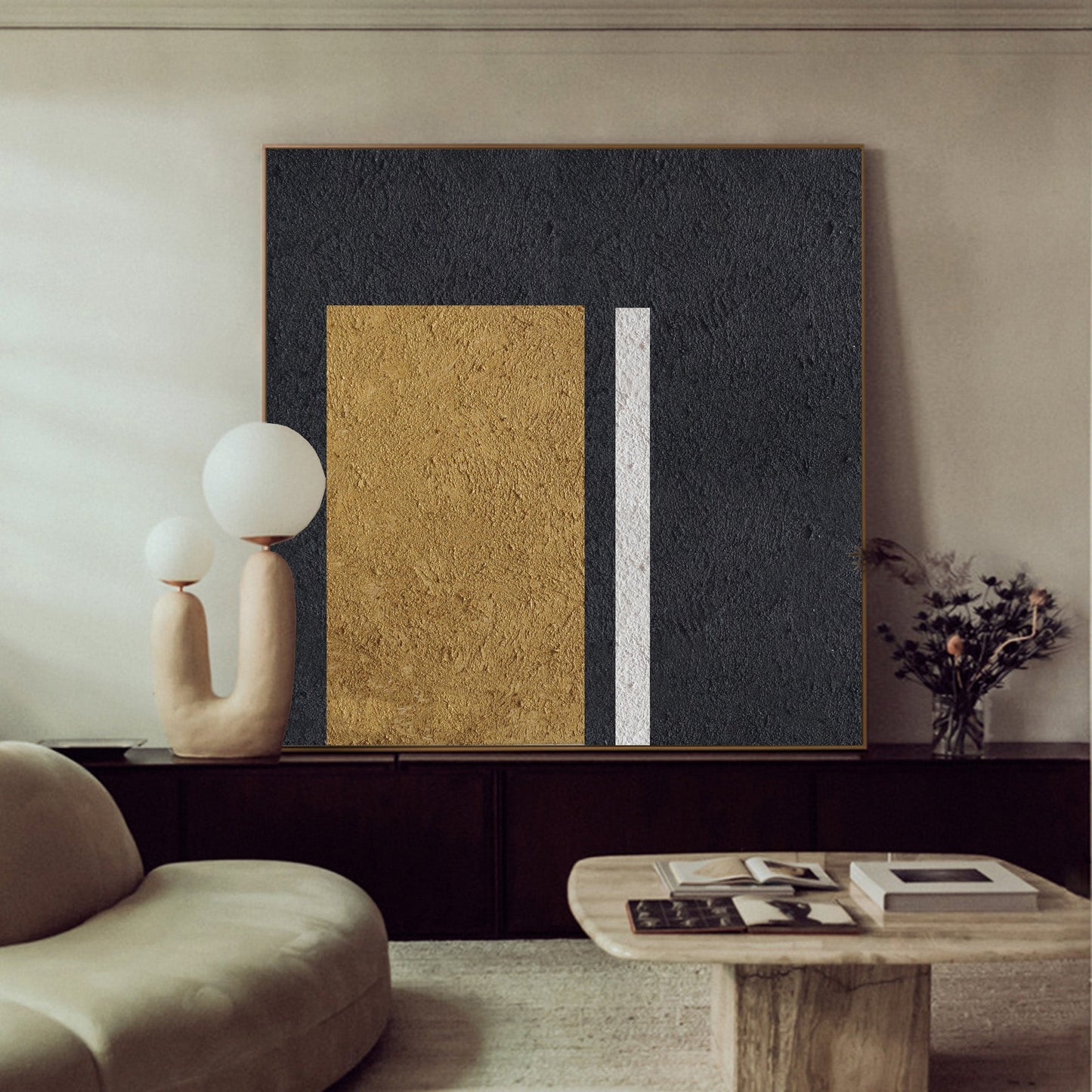 Elegant Black Gold White Minimalist Oil Painting for Modern Home Decor
