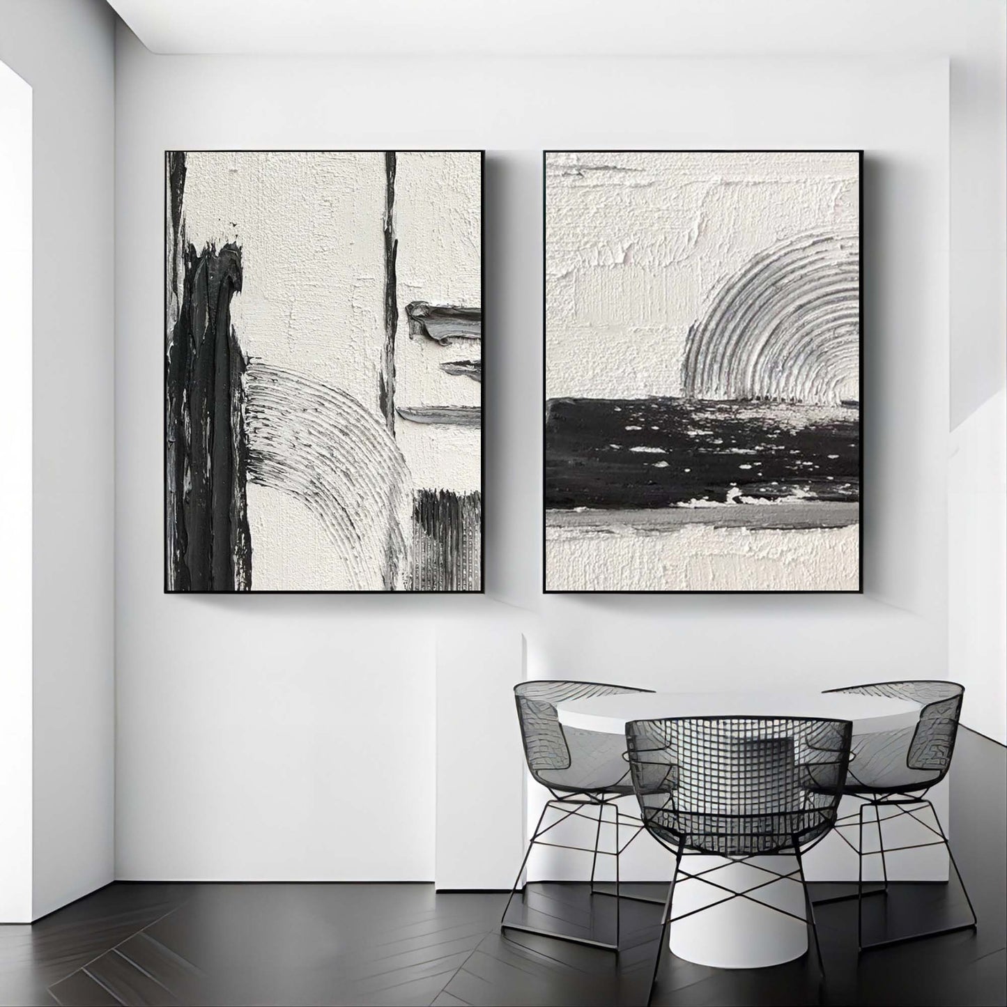Contemporary Black and White Abstract Oil Painting Duo for Modern Interiors