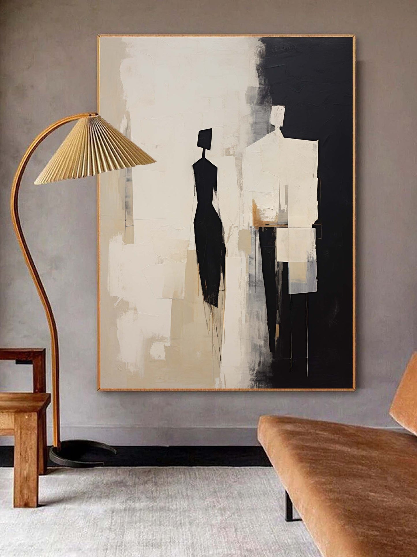 Elegant Black and White Contemporary Minimalist Oil Painting for Modern Decor
