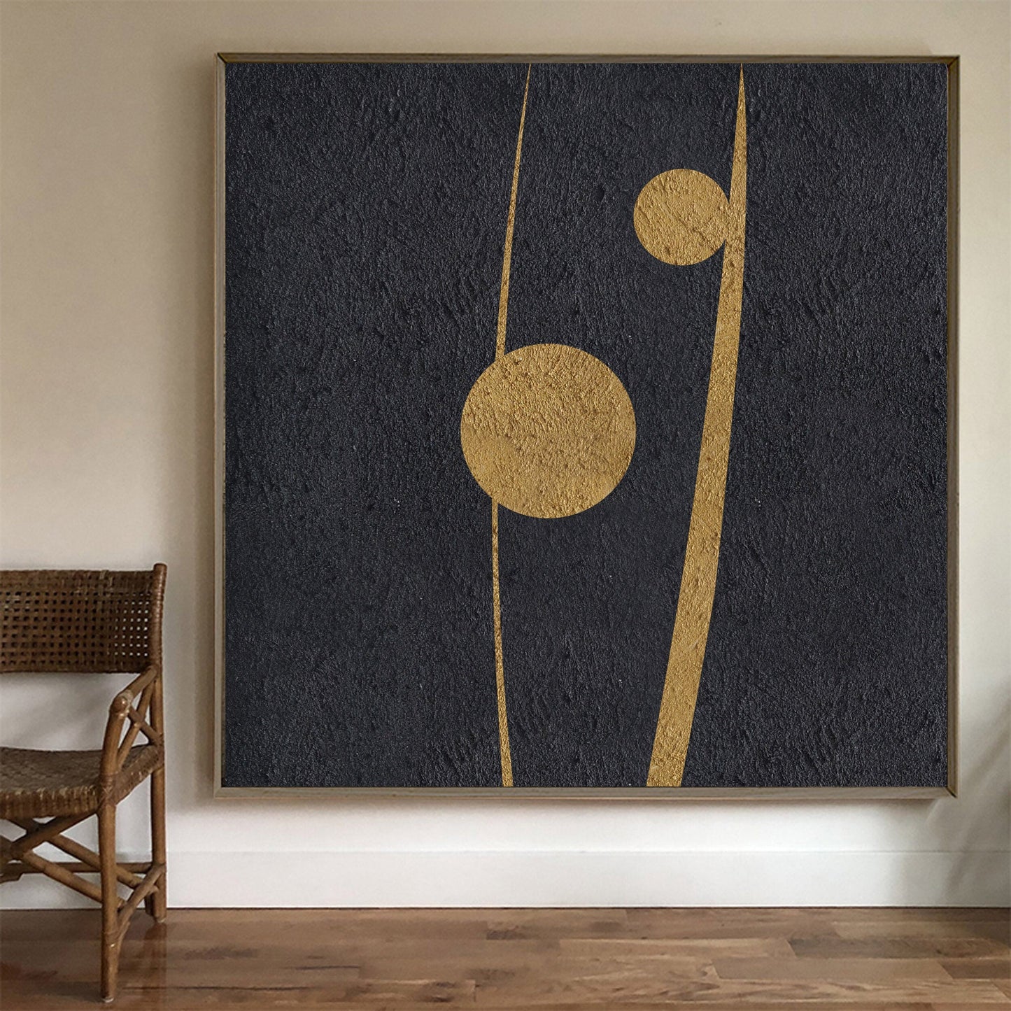 Elegant Black and Gold Abstract Minimalist Oil Painting for Modern Home Decor
