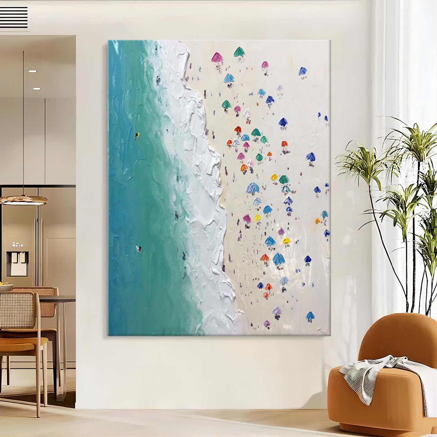 Vibrant Coastal Escape Oil Painting with Colorful Beach Umbrellas