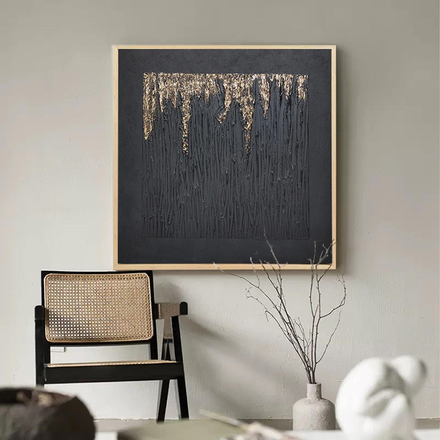 Elegant Black and Gold Minimalist Abstract Oil Painting for Modern Decor