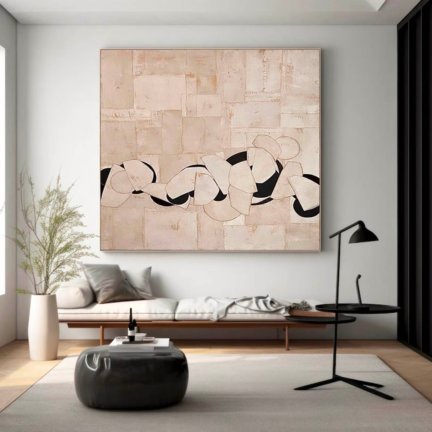 Chic Minimalist Abstract Oil Painting with Soft Geometric Shapes and Neutral Tones