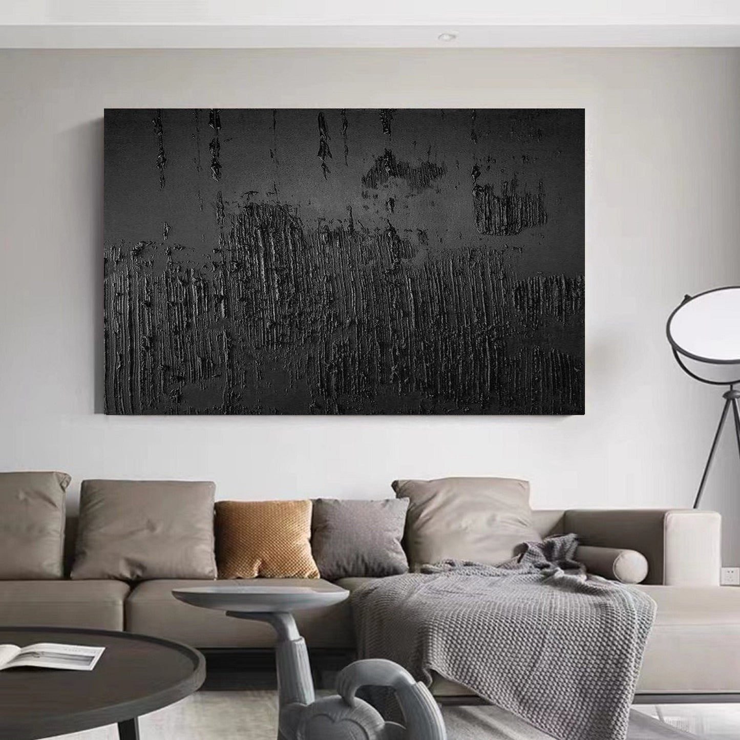 Textured Black Abstract Art - Modern Minimalist Oil Painting for Contemporary Decor