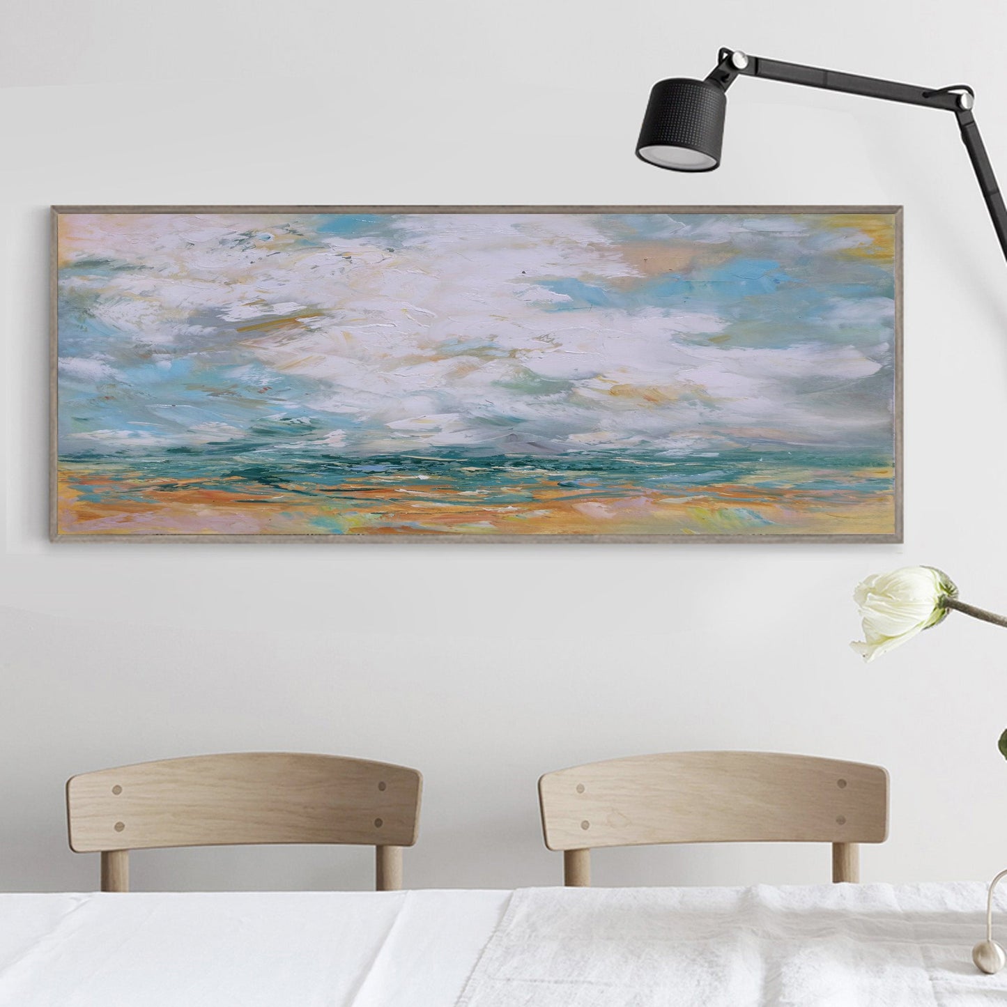 Vivid Coastal Dreamscape Oil Painting with Waves and Dramatic Clouds