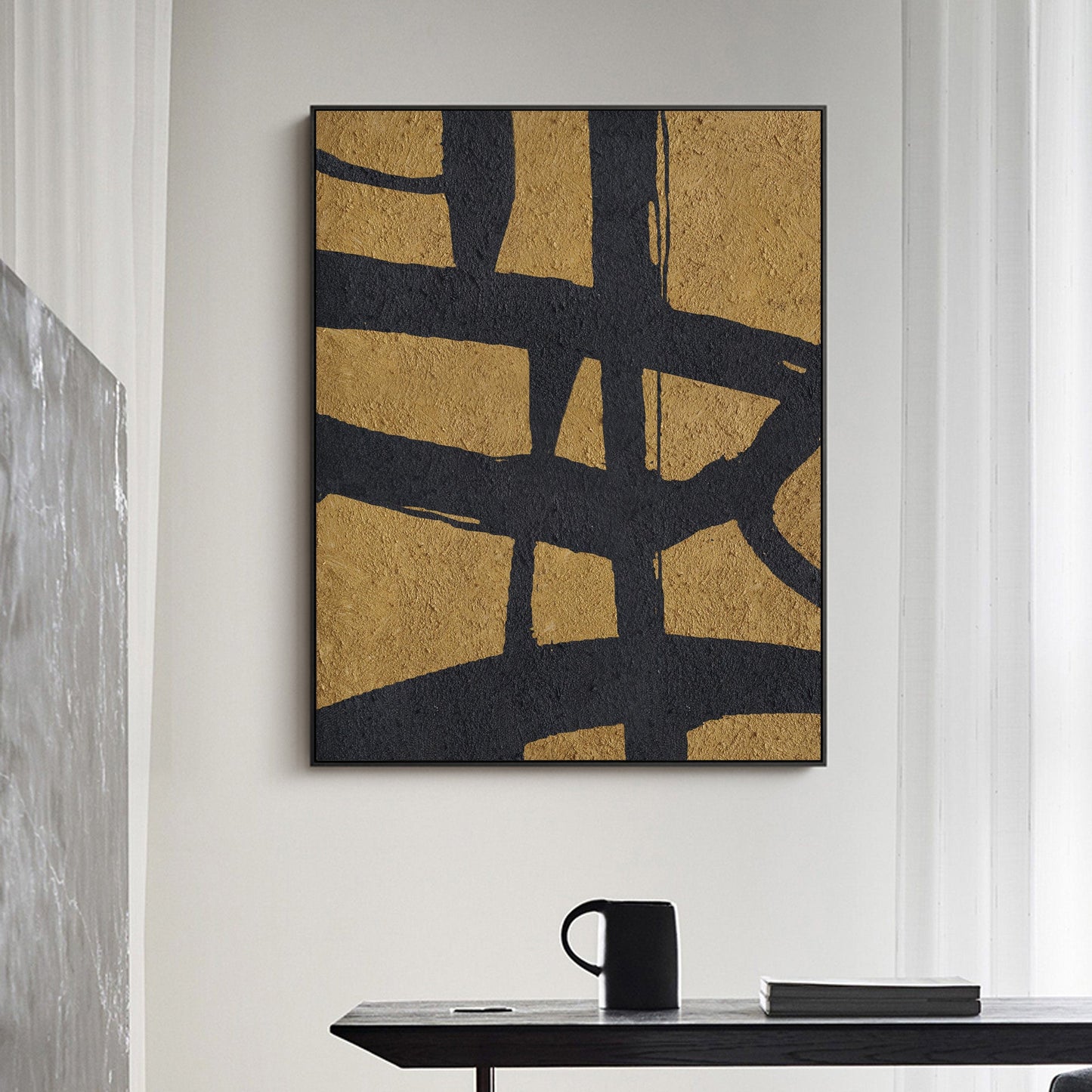 Black Gold Abstract Minimalist Wall Art – Modern Aesthetic Home Decor Painting
