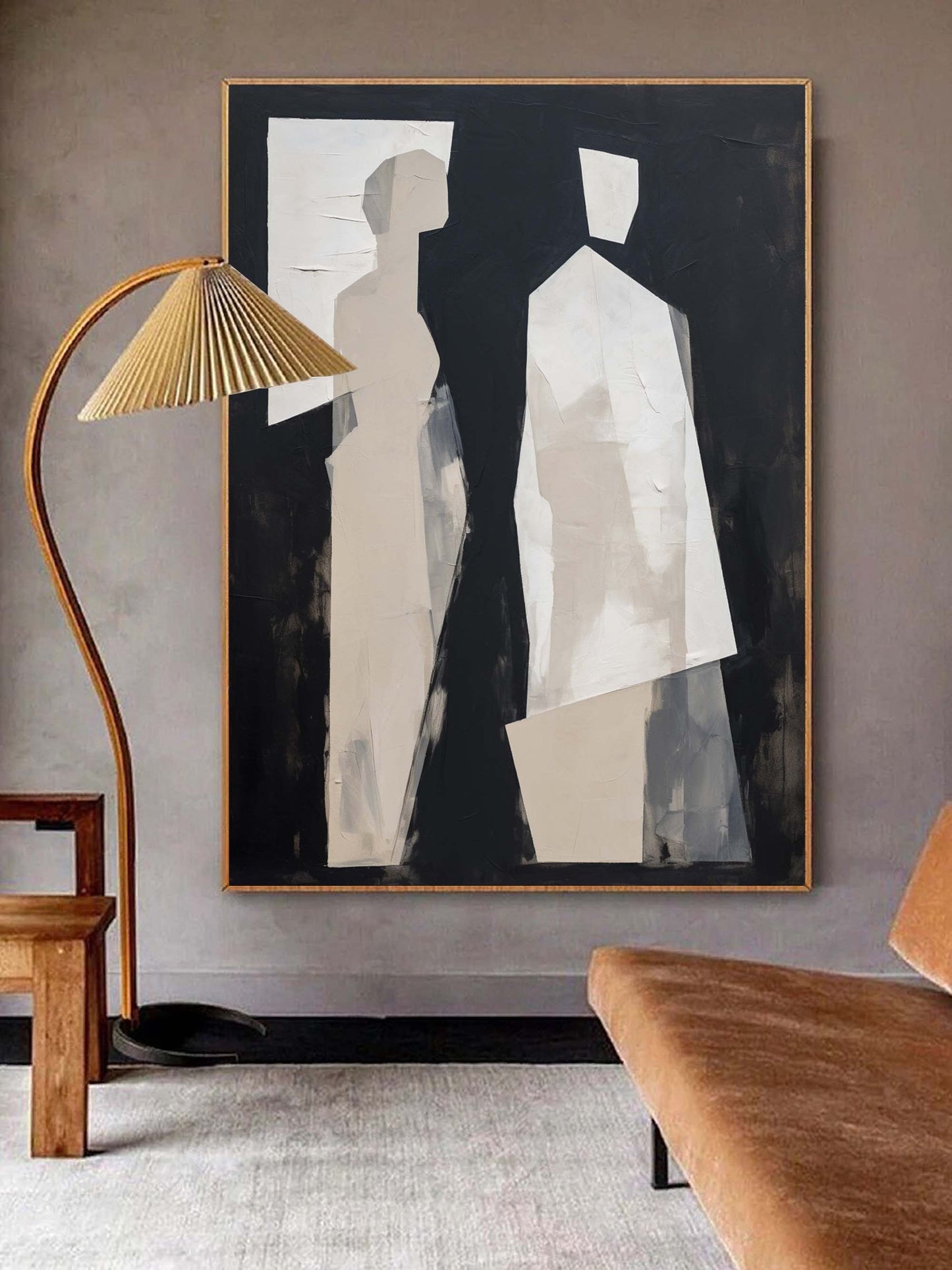 Modern Minimalist Oil Painting of Abstract Figures in Black and White