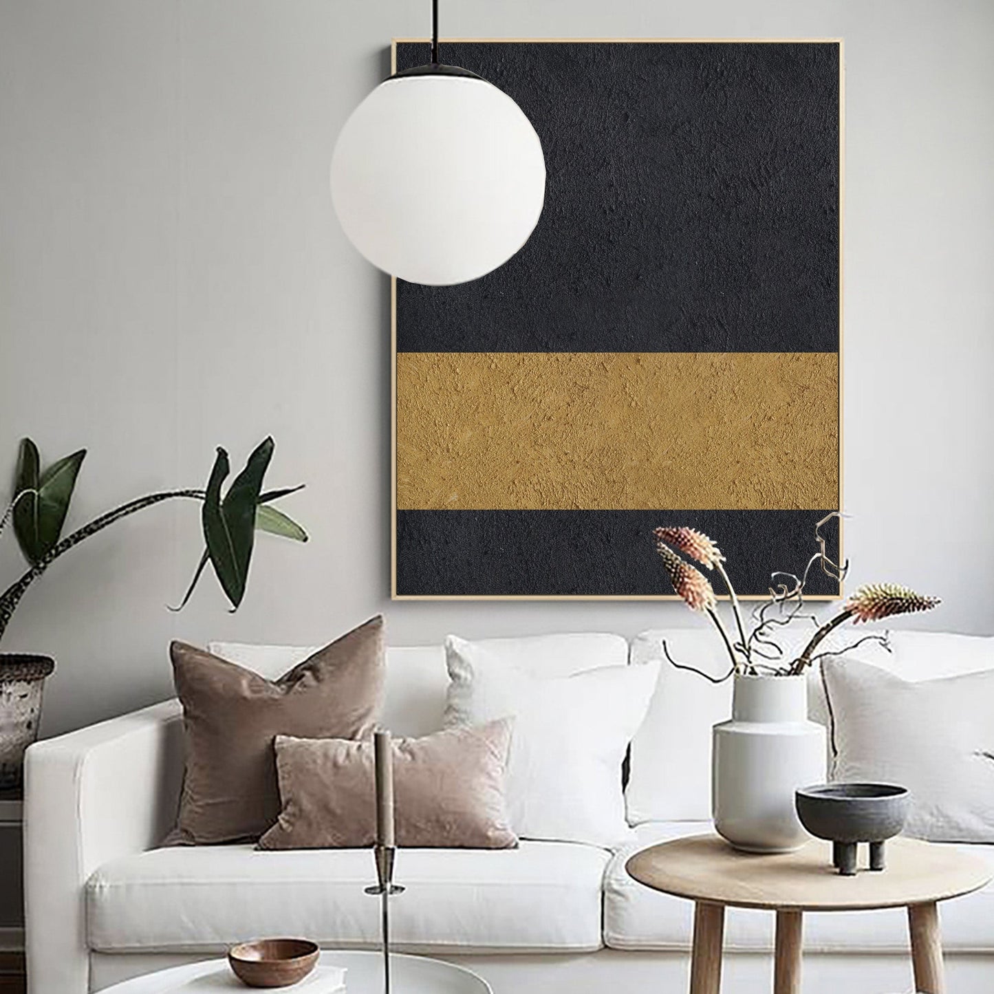 Elegant Black and Gold Abstract Minimalist Oil Painting for Modern Decor