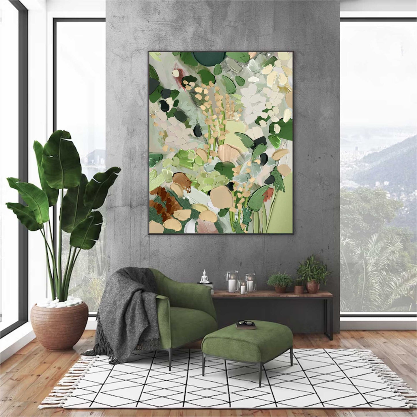 Lush Green Abstract Floral Oil Painting for Modern Home Decor