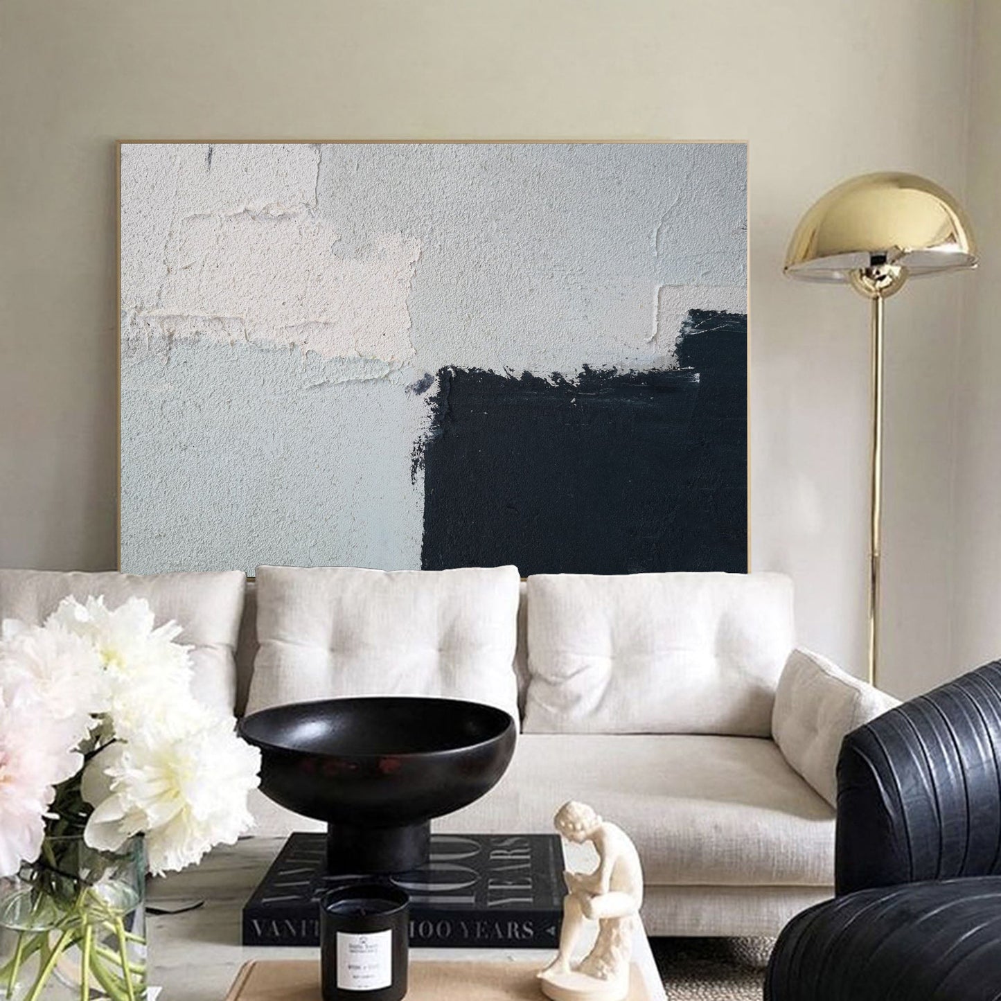 Contemporary Minimalist Abstract Oil Painting in Black and White Tones