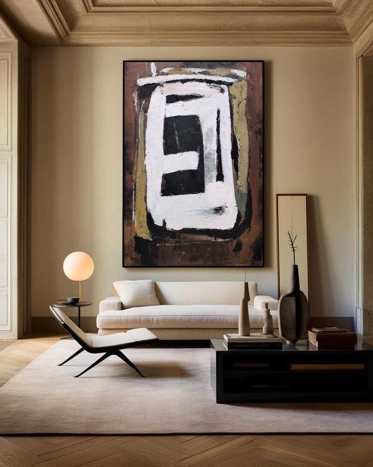 Contemporary Brown Abstract Oil Painting with Geometric Design for Modern Decor