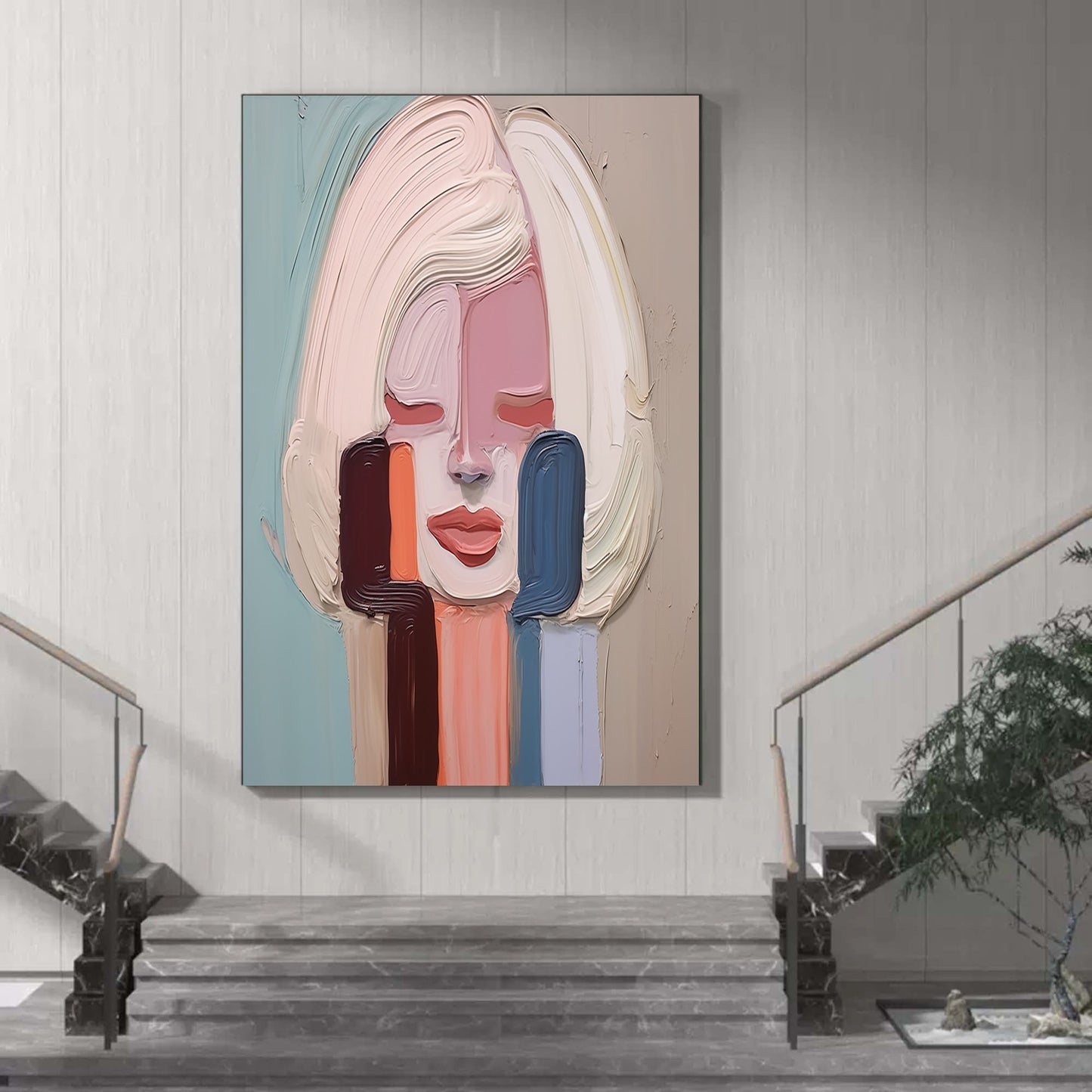 Contemporary Abstract Oil Painting of a Serene Woman with Soft Pastel Colors