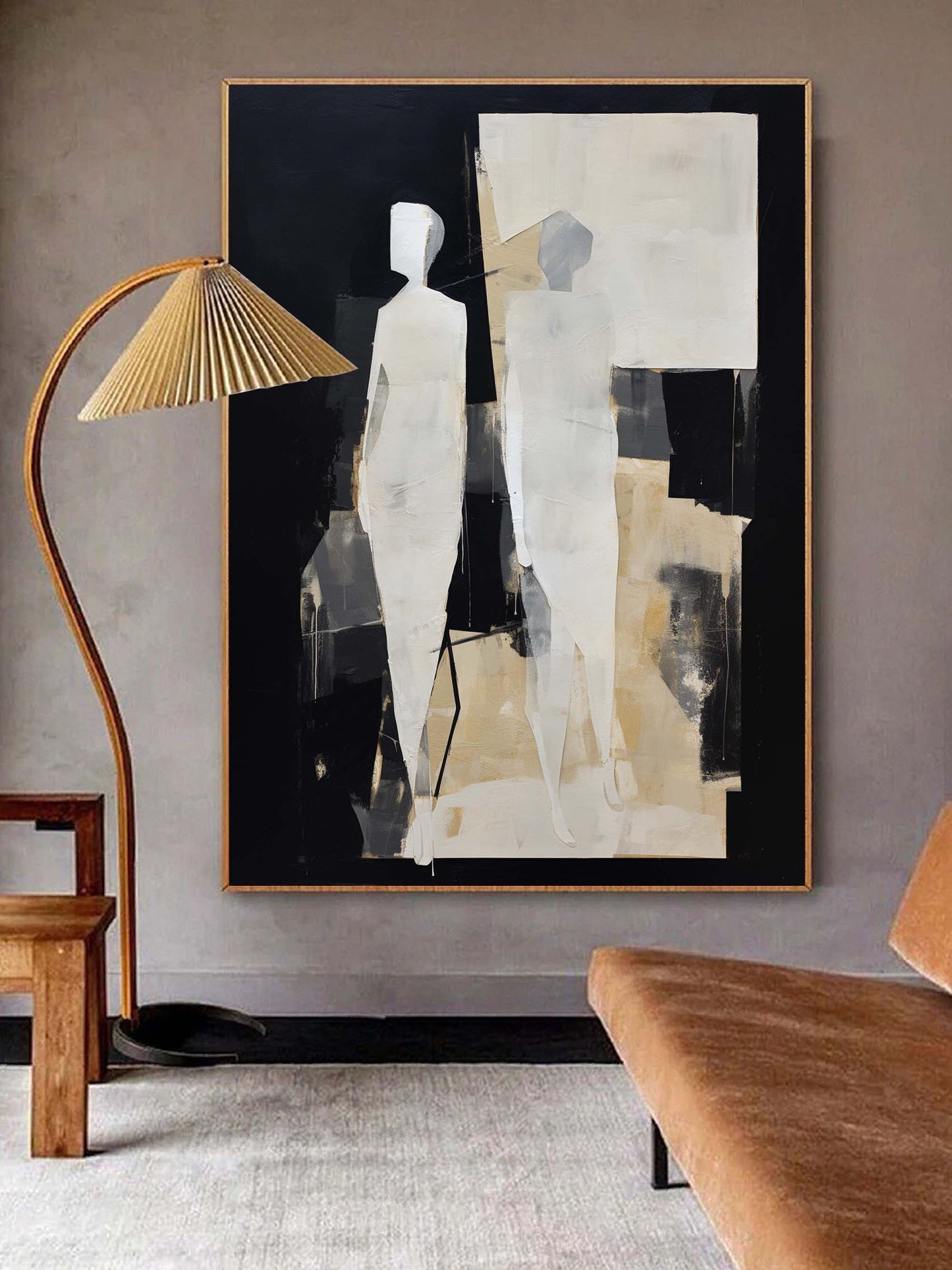 Modern Abstract Oil Painting of Figures in Minimalist Black and White Composition