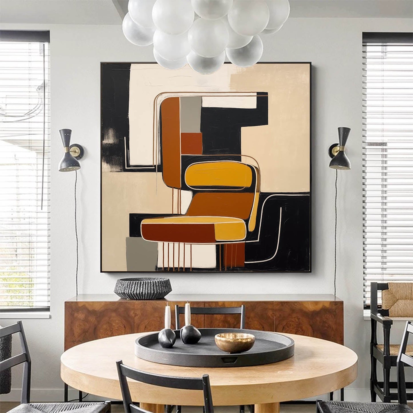 Contemporary Vintage Abstract Oil Painting with Bold Geometric Shapes