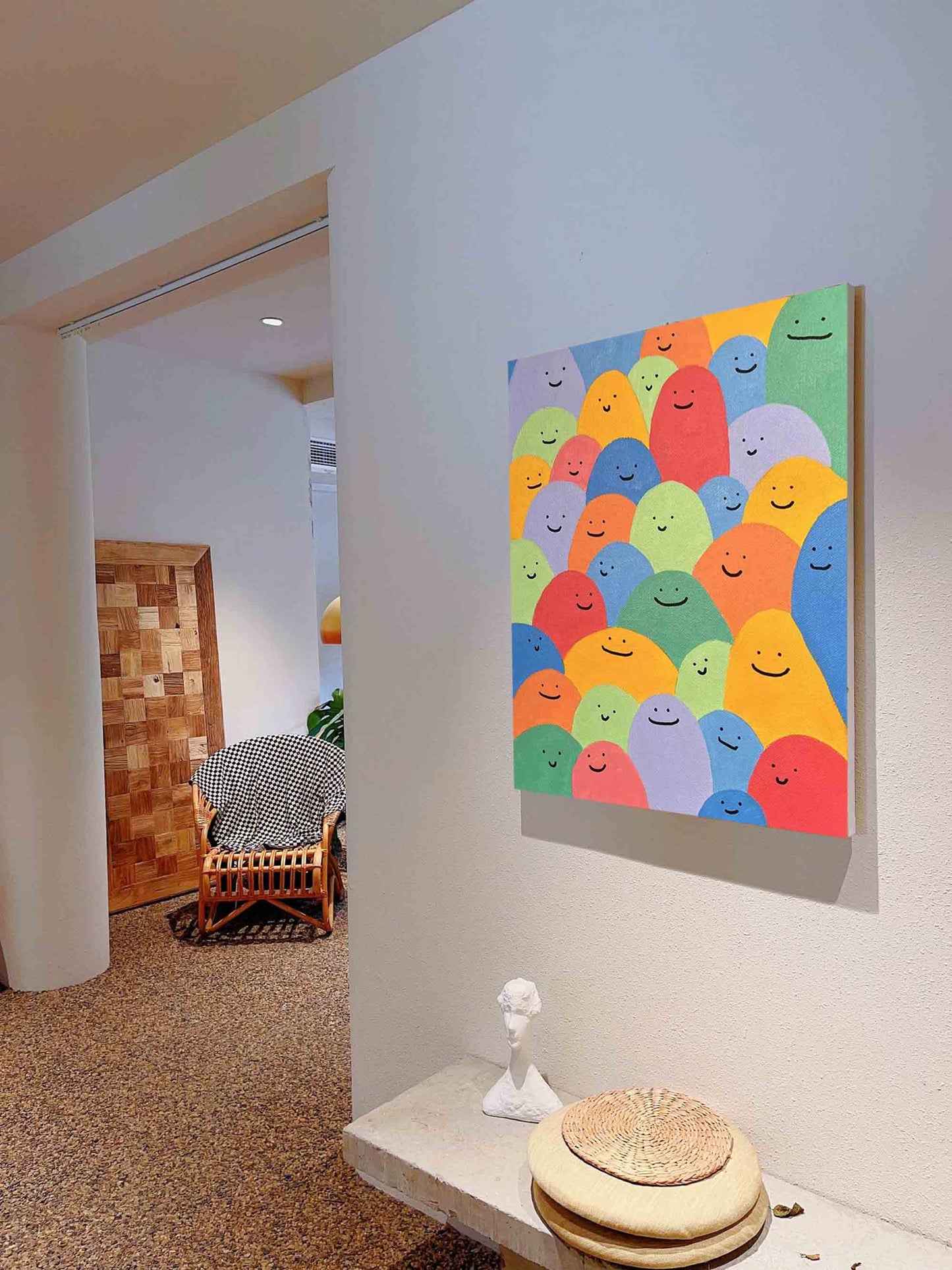 Colorful Abstract Oil Painting of Happy Faces – Cheerful Canvas Wall Art Decor