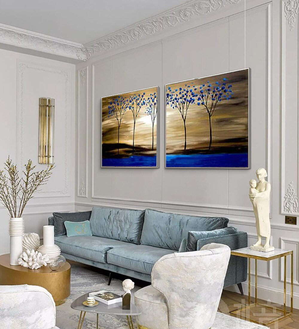 Vibrant Blue Oasis: Stunning Oil Painting of Trees and Water Landscape