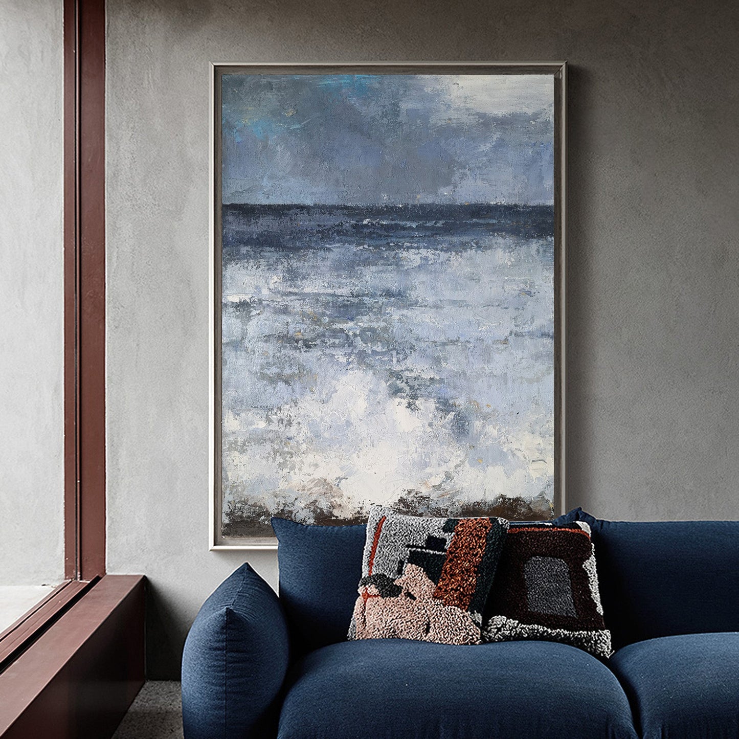 Tranquil Blue Ocean Waves Abstract Oil Painting for Coastal Decor
