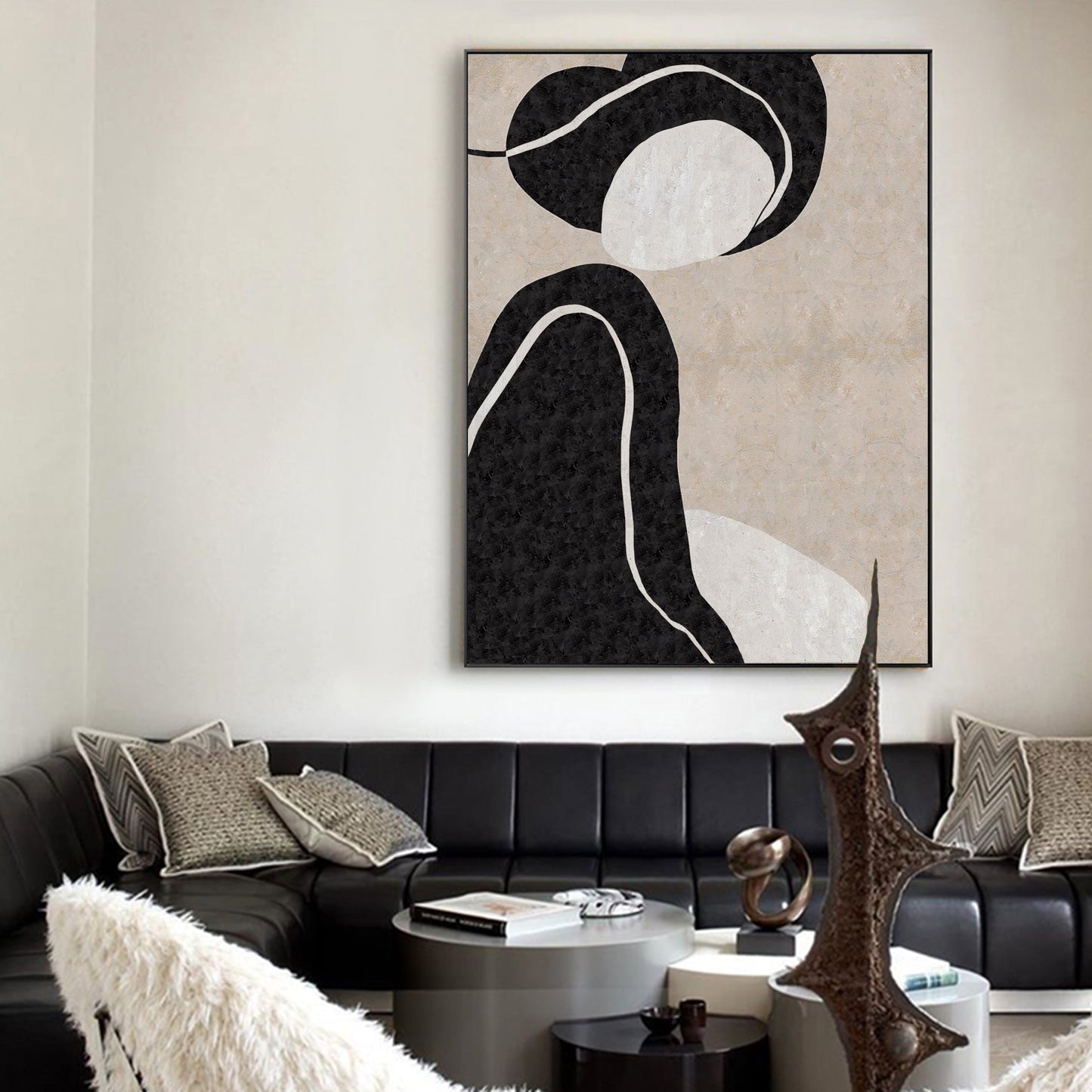 Elegant Black and White Minimalist Oil Painting for Modern Home Decor