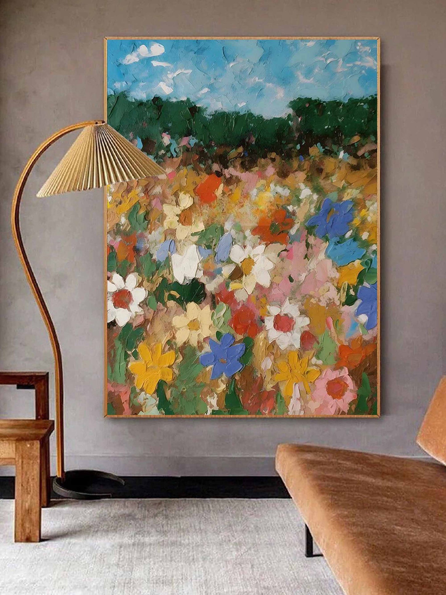 Vibrant Floral Landscape Oil Painting - Colorful Flower Field Art Piece for Home Decor