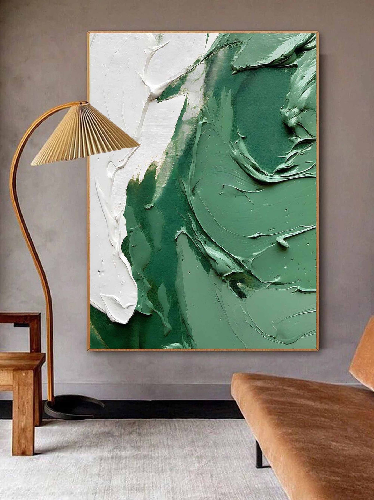 Abstract Green Textured Oil Painting with White Accents for Contemporary Home Decor