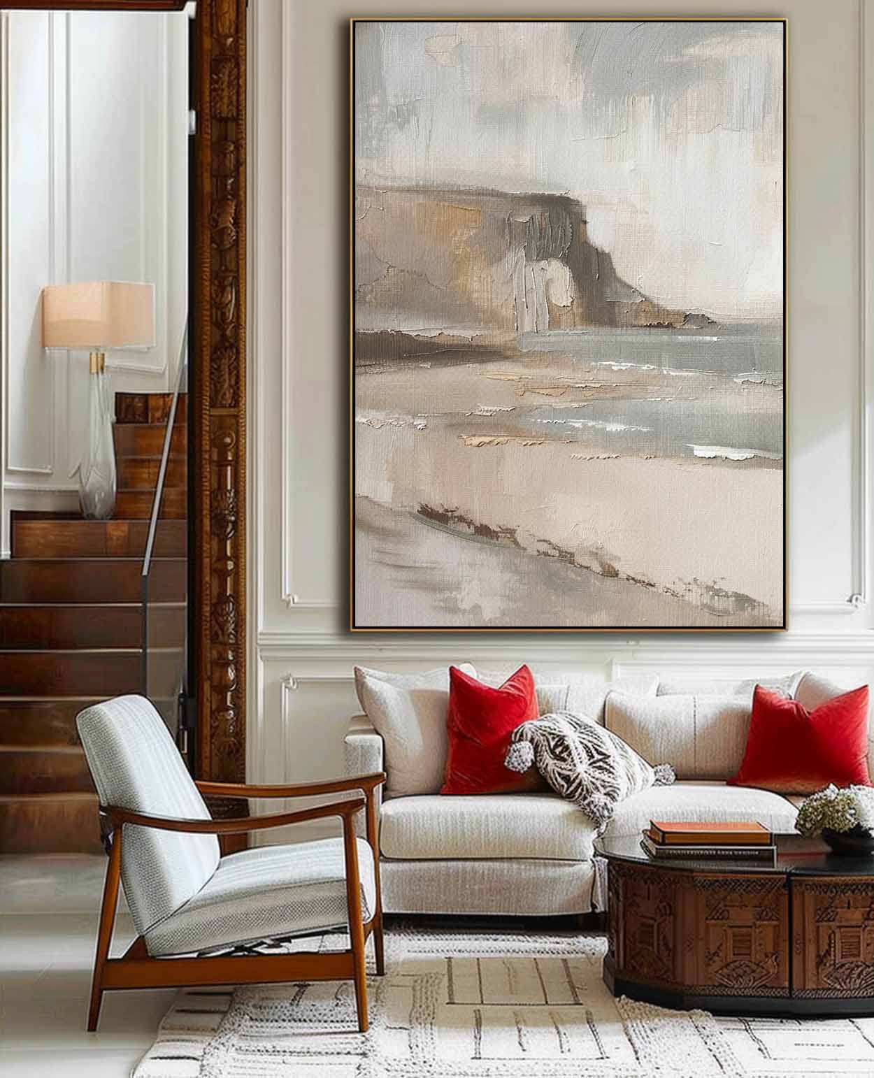 Serene Coastal Landscape Oil Painting in Earthy Tones for Elegant Home Decor