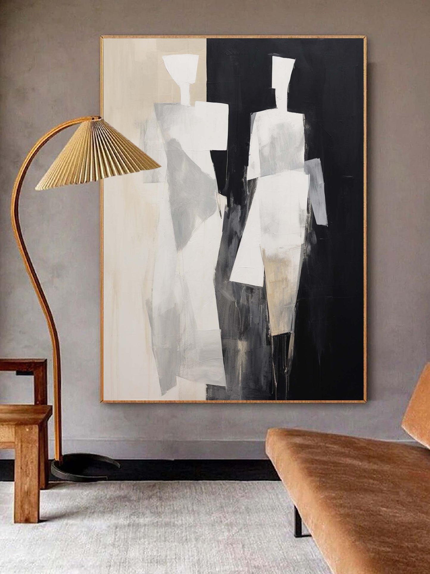 Abstract Black and White Minimalist Oil Painting for Modern Home Decor
