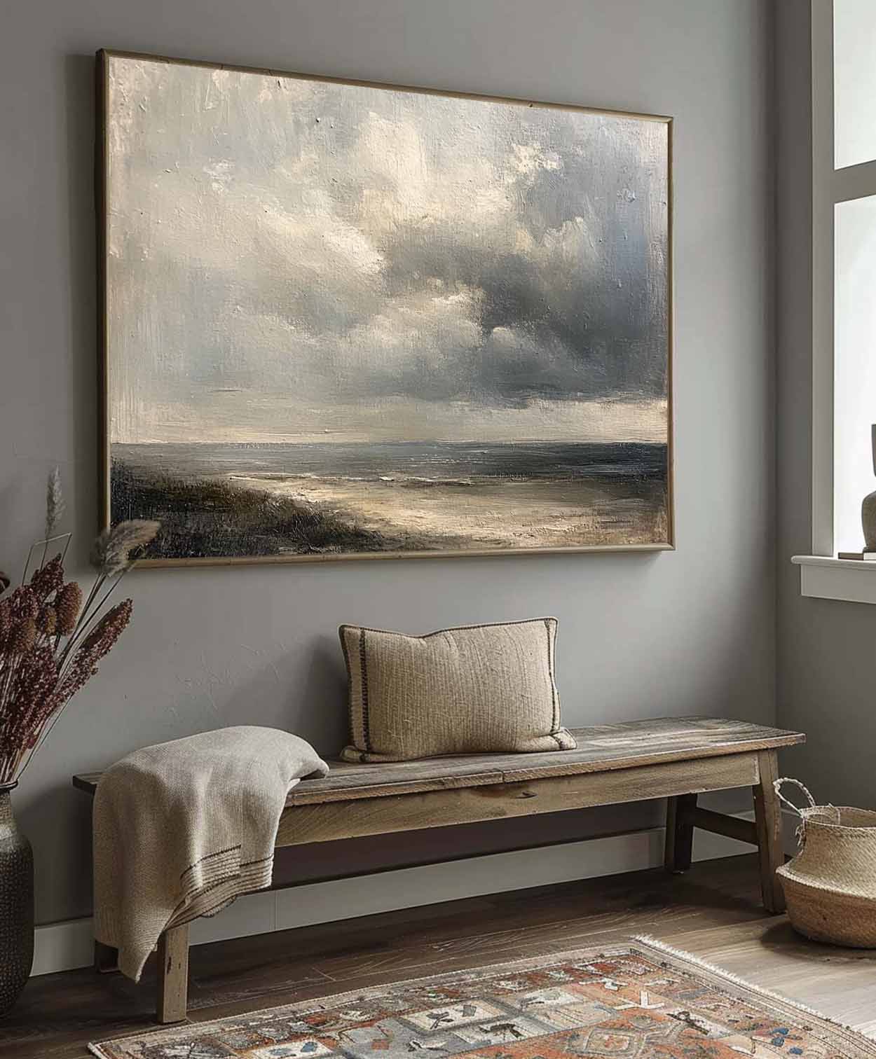 Serene Coastal Landscape Oil Painting with Dramatic Cloud Detail