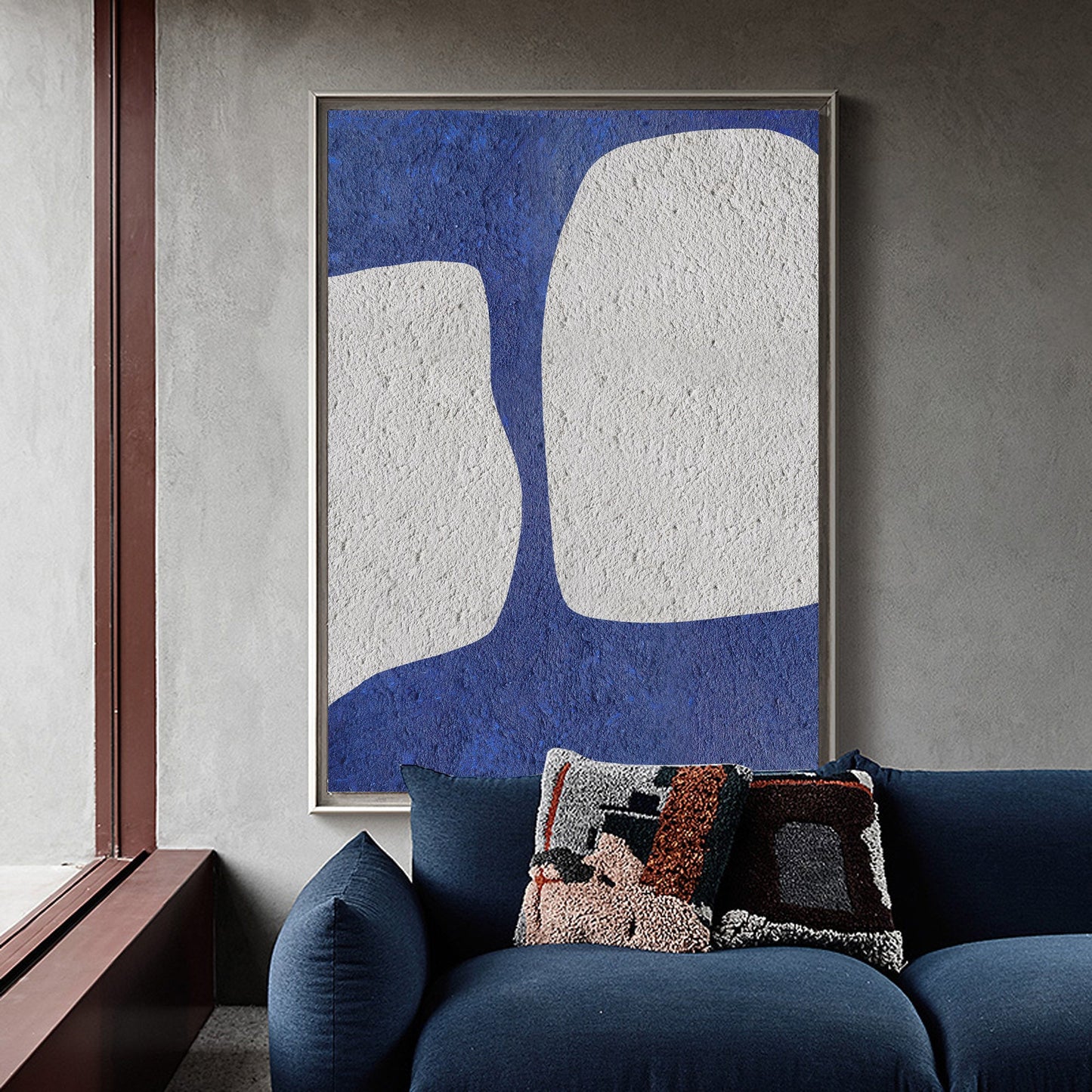 Elegant Blue and White Abstract Minimalist Oil Painting for Modern Decor