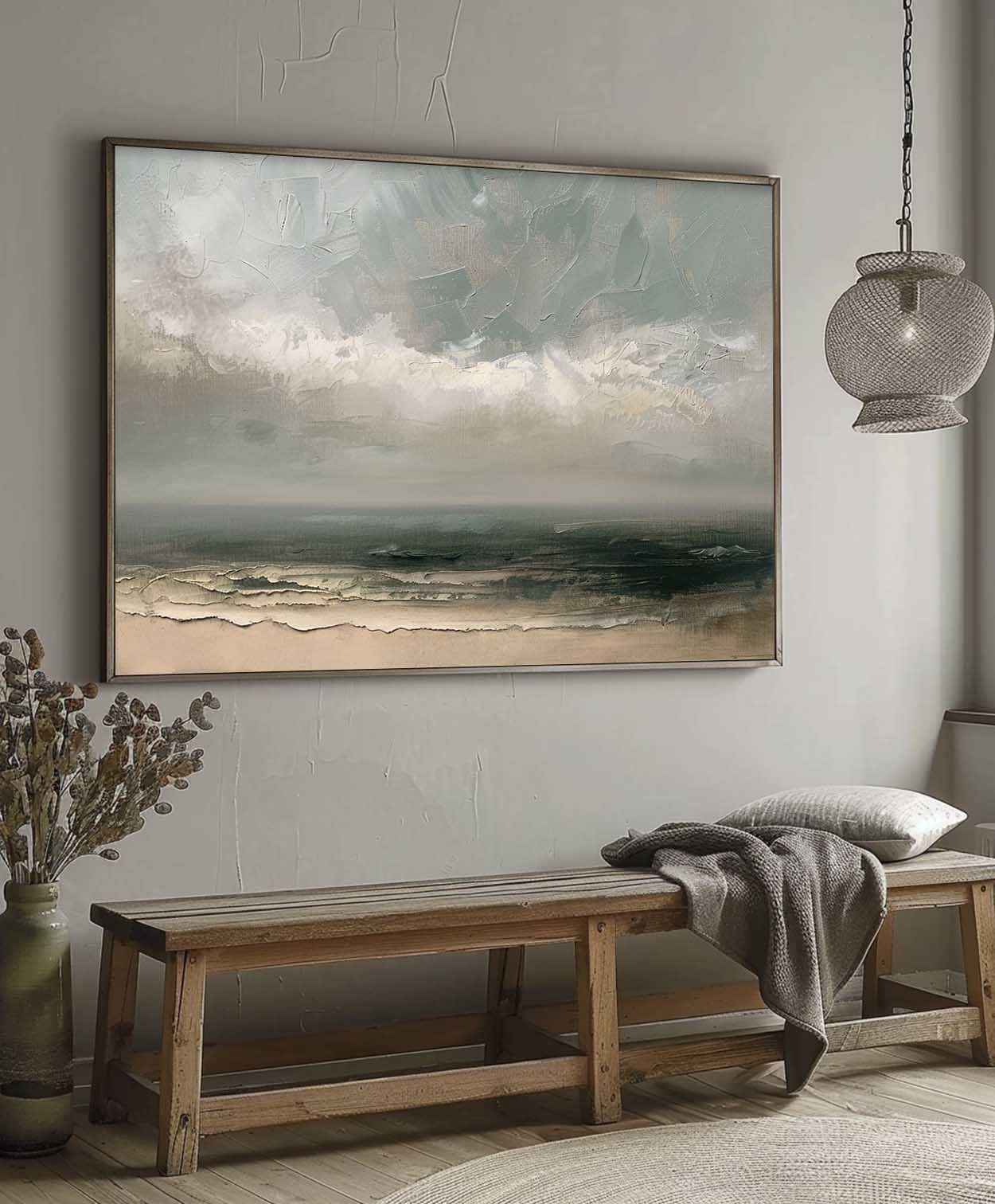 Ocean View Abstract Oil Painting - Serene Coastal Landscape Art for Home Decor