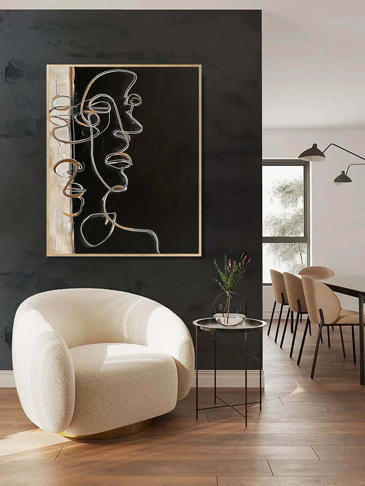 Modern Minimalist Abstract Line Art Portrait Oil Painting for Contemporary Decor