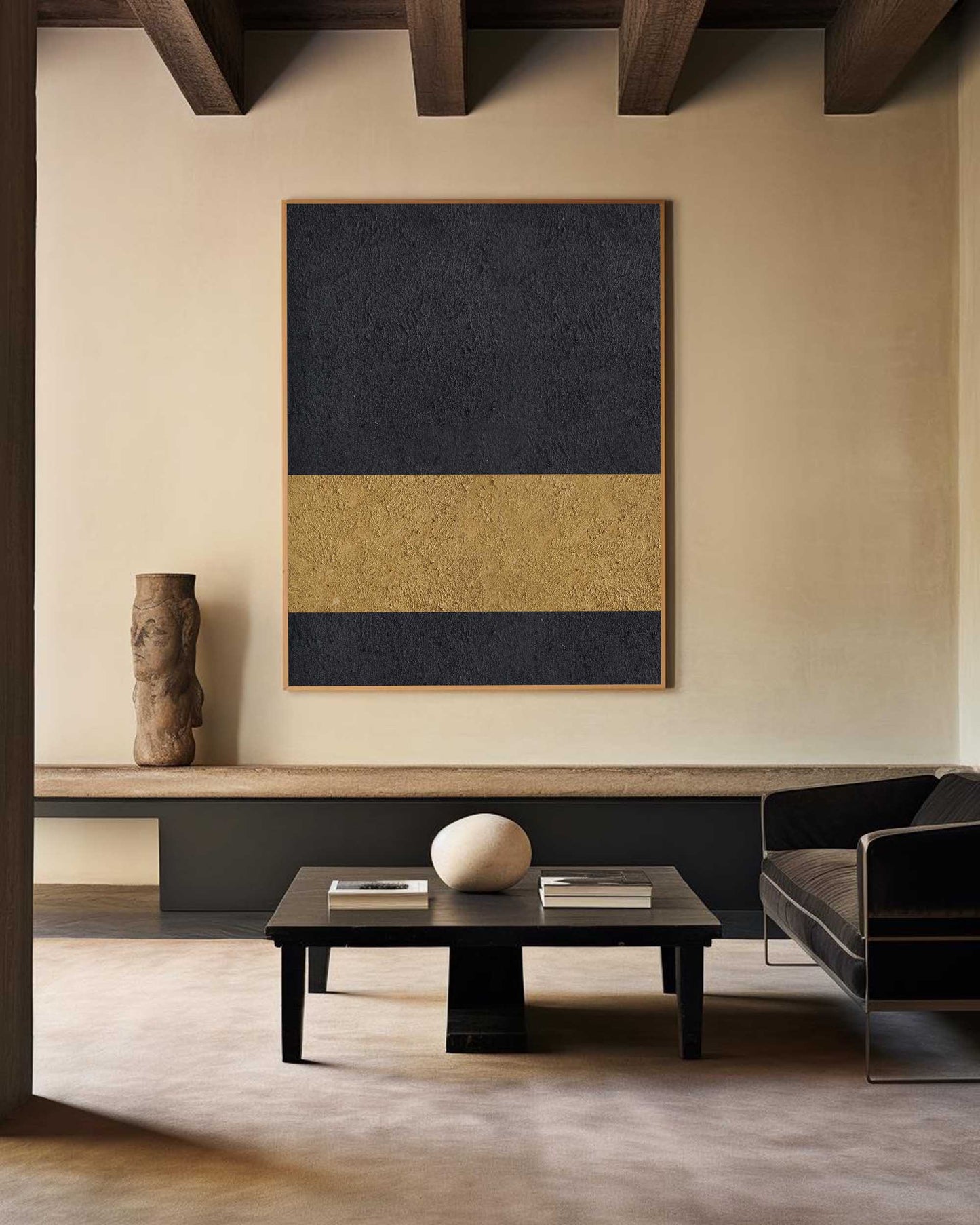 Elegant Black and Gold Abstract Minimalist Oil Painting for Modern Decor