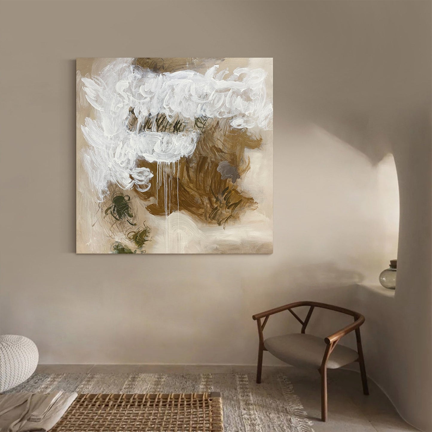 Contemporary Abstract Oil Painting with Textured White and Earth Tones