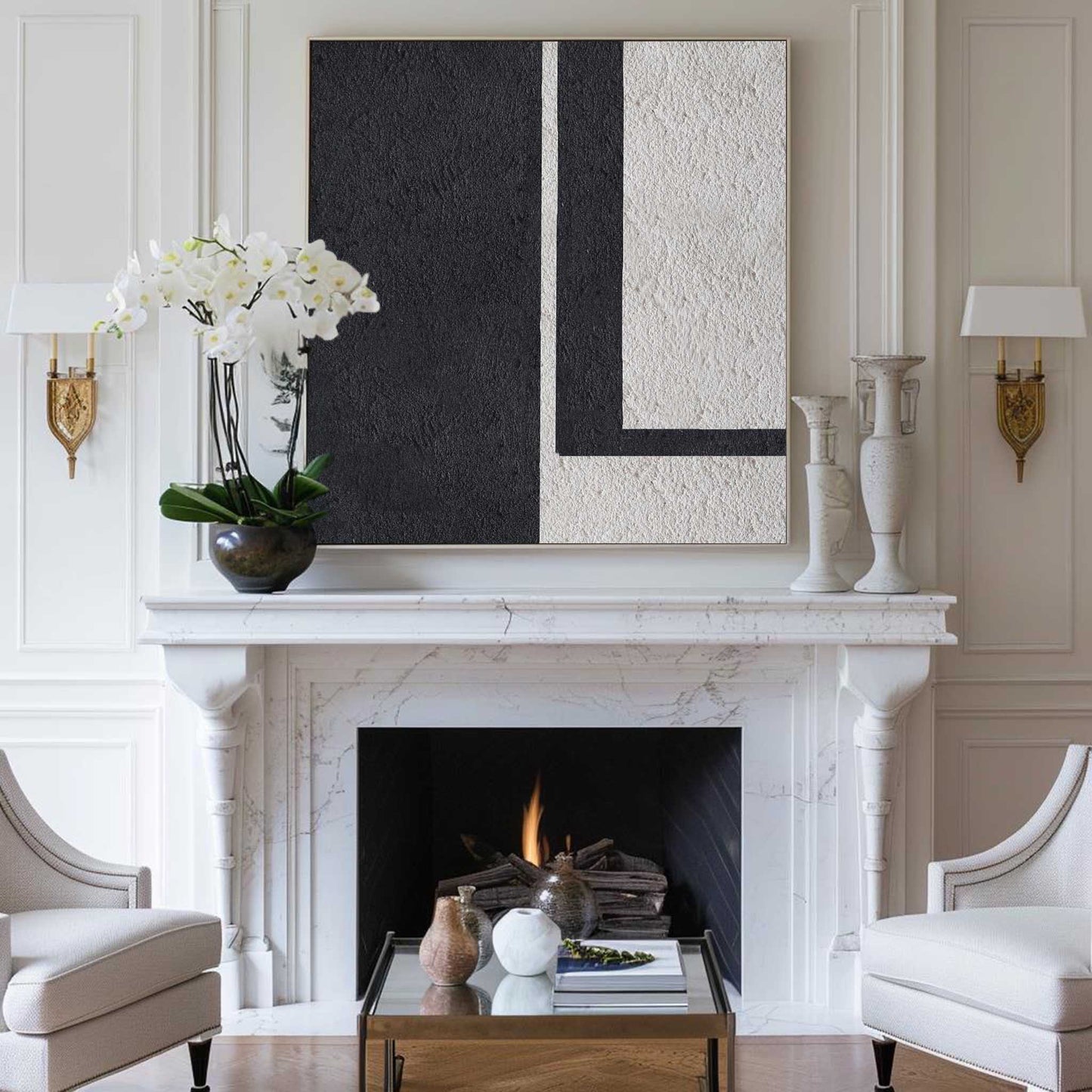Contemporary Black and White Minimalist Oil Painting for Modern Decor