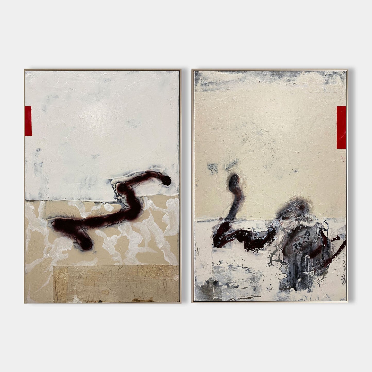 Contemporary Beige Abstract Oil Painting with Dynamic Textures and Shapes