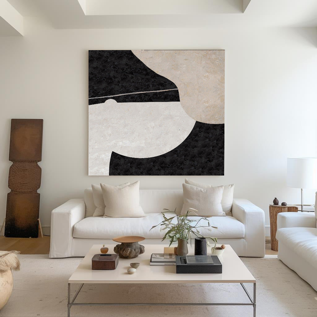 Large Minimalist Black and White Oil Painting for Modern Home Decor