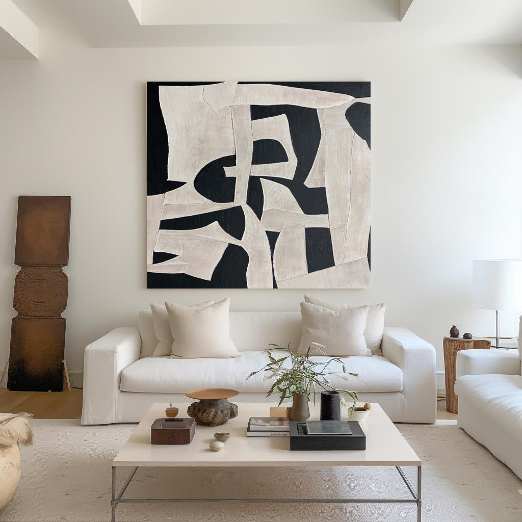 Chic Modern Abstract Oil Painting in Black and White for Stylish Home Décor
