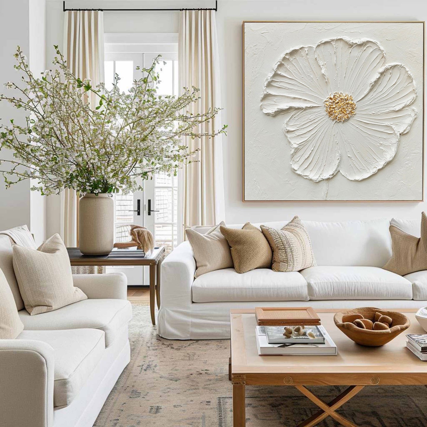 Elegant White Flower Oil Painting with Textured Petals and Gold Accents