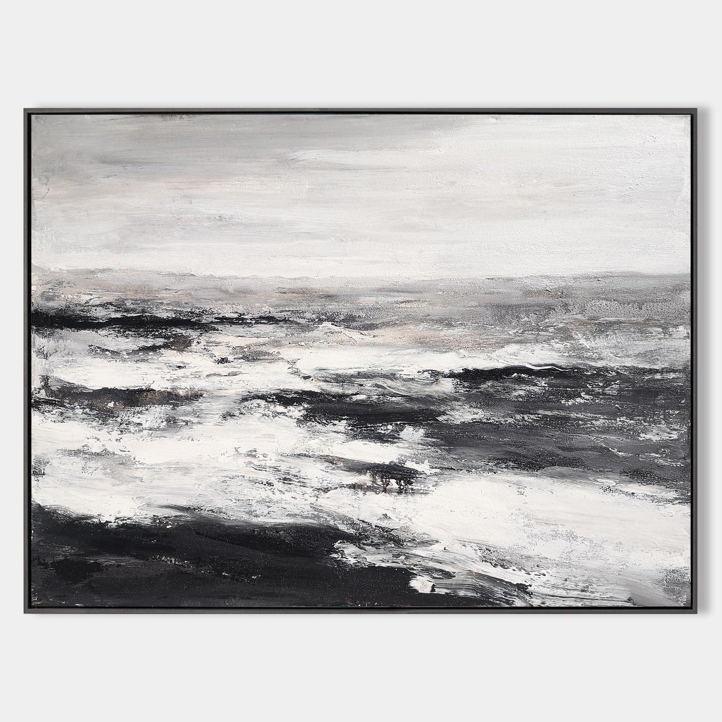 Monochrome Coastal Serenity: Abstract Black and White Beach Oil Painting