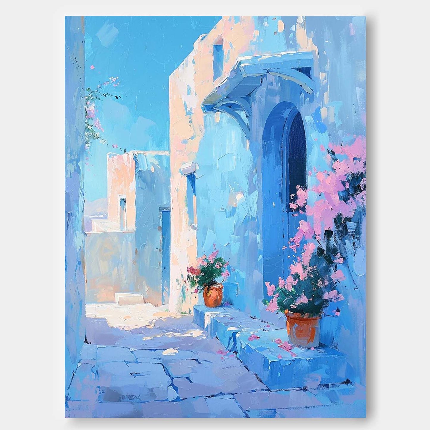 Charming Blue Alleyway Oil Painting with Flower Pots and Architecture
