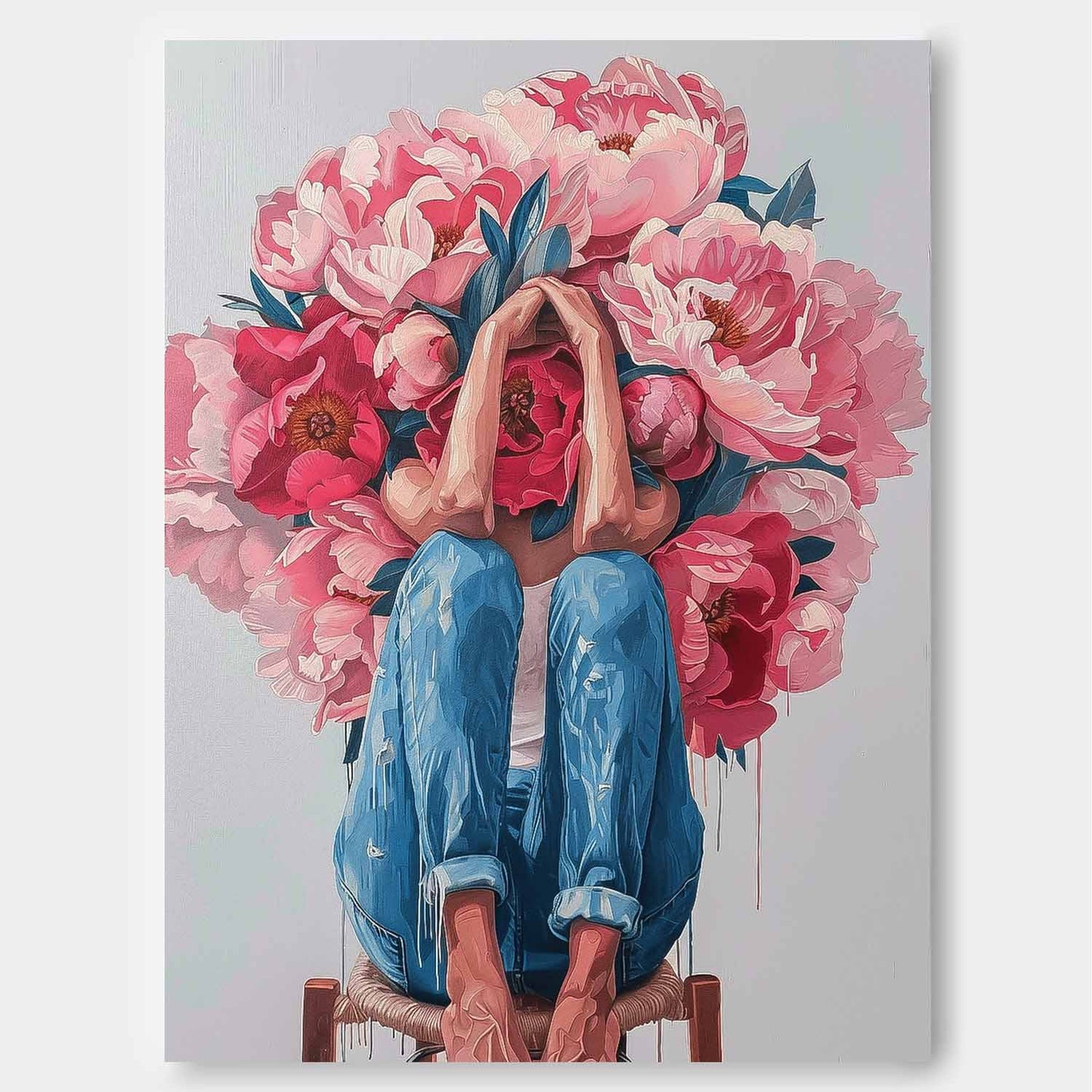 Floral Embrace: Vibrant Oil Painting of a Woman Surrounded by Blossoming Flowers