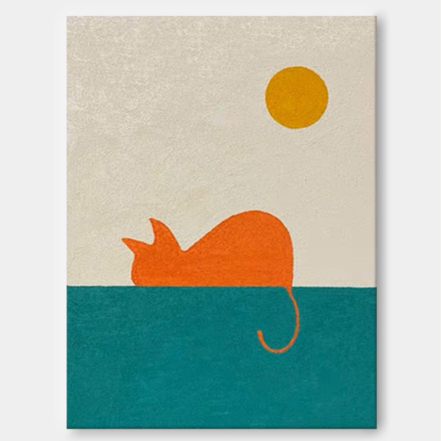 Colorful Cat Oil Painting with Sun and Sea | Abstract Animal Canvas Art for Home Decor