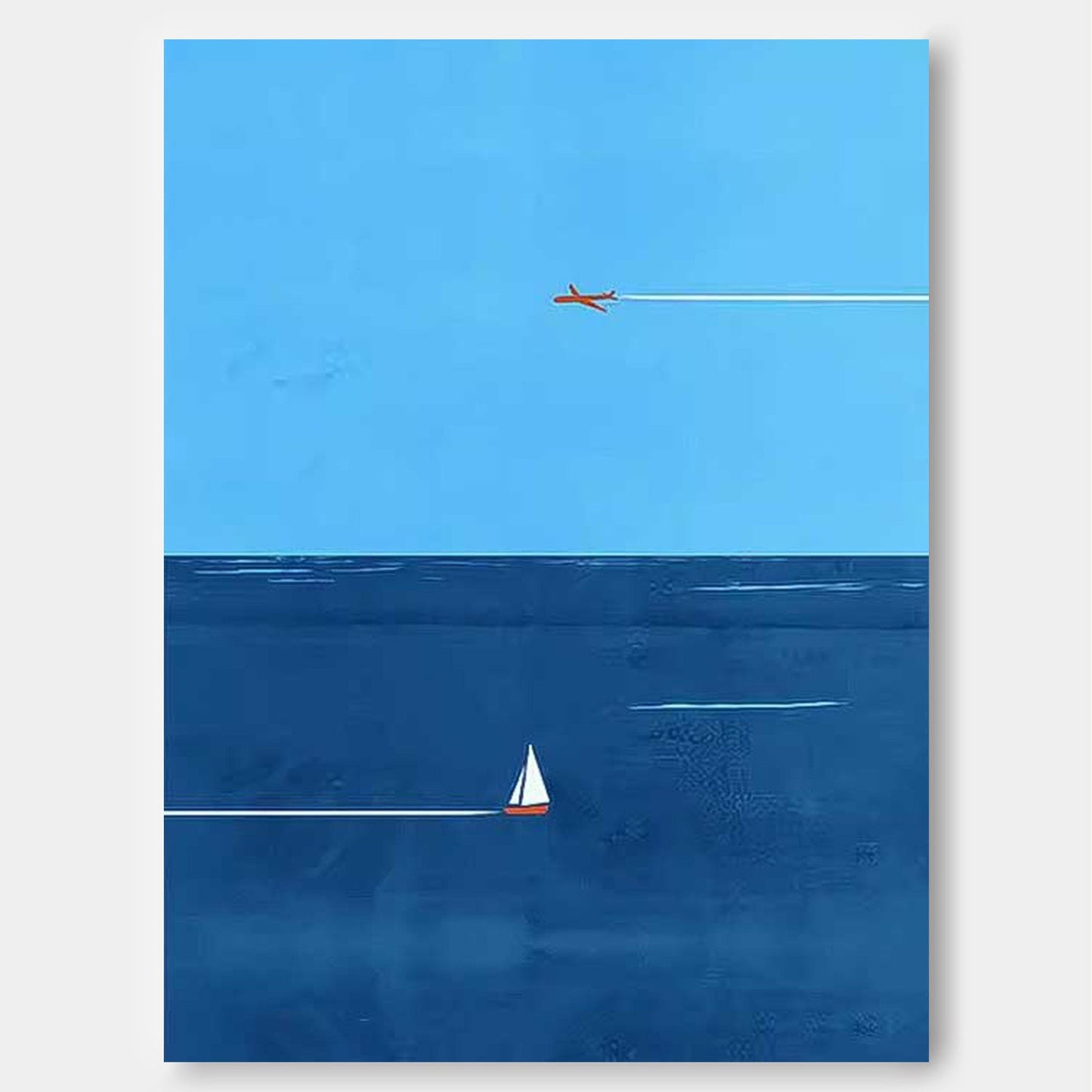 Serene Blue Minimalist Ocean Scene with Plane and Sailboat Oil Painting for Home Decor