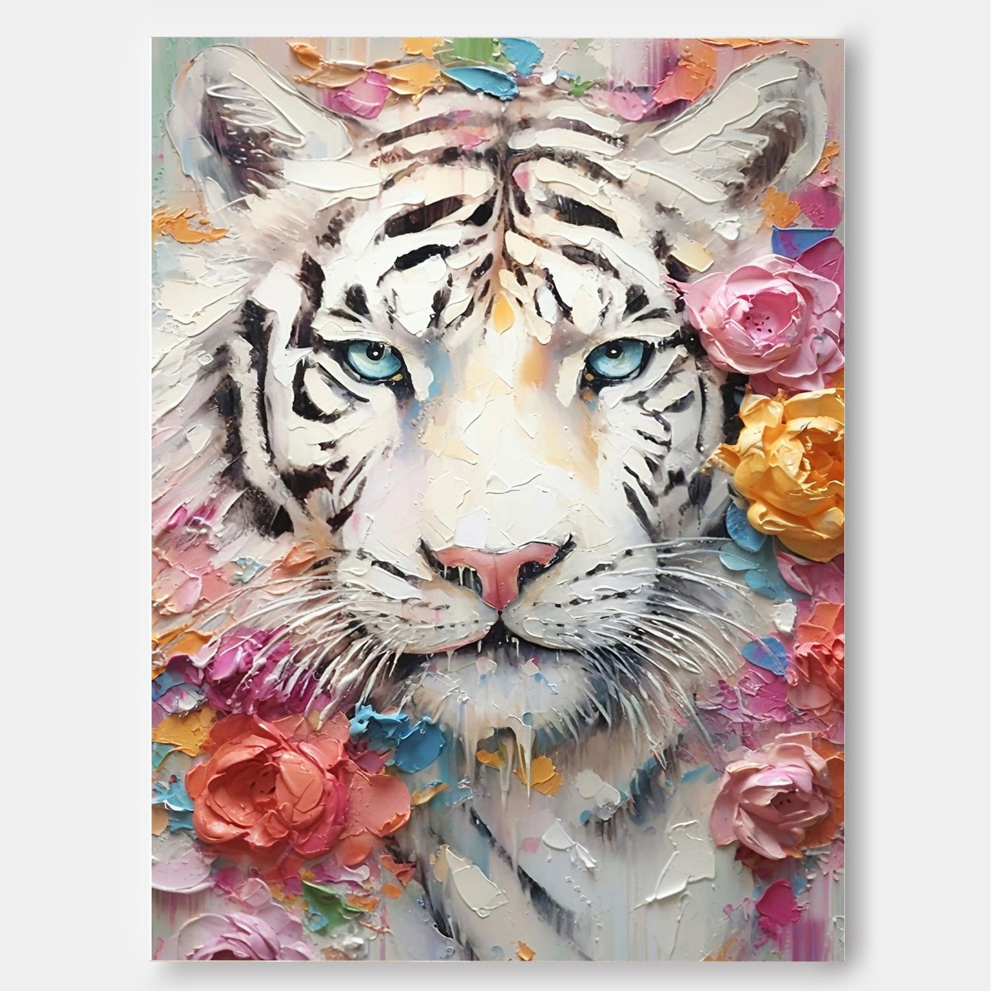 Majestic White Tiger Oil Painting with Floral Accents – Vibrant Wall Art Décor