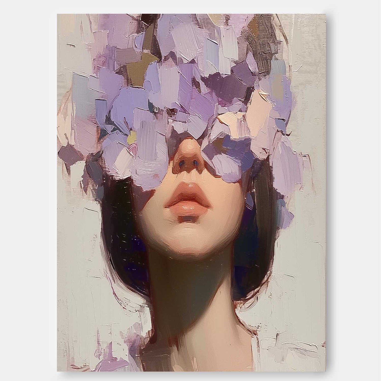 Floral Concealment: Stunning Oil Painting of a Woman Surrounded by Blossoms