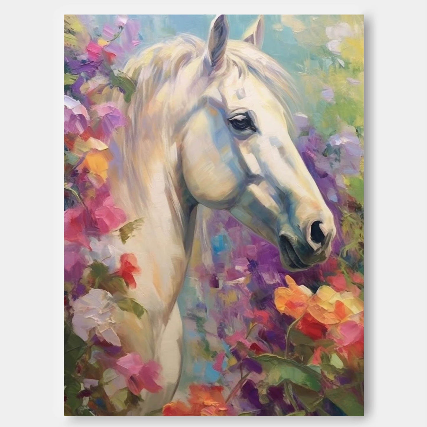 Majestic White Horse Oil Painting Surrounded by Vibrant Floral Beauty