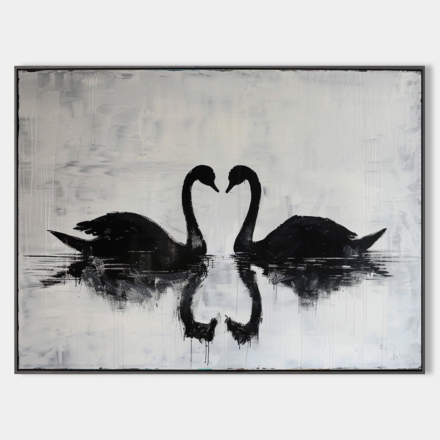 Elegant Black Swans Reflecting on Serene Water - Modern Abstract Oil Painting